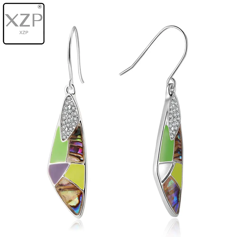 

XZP 925 Sliver Hook Multicolor Australia Crystal Pave Geometry Insect Wing Colorful Enamel Shell Dangle Earrings for Women Girls