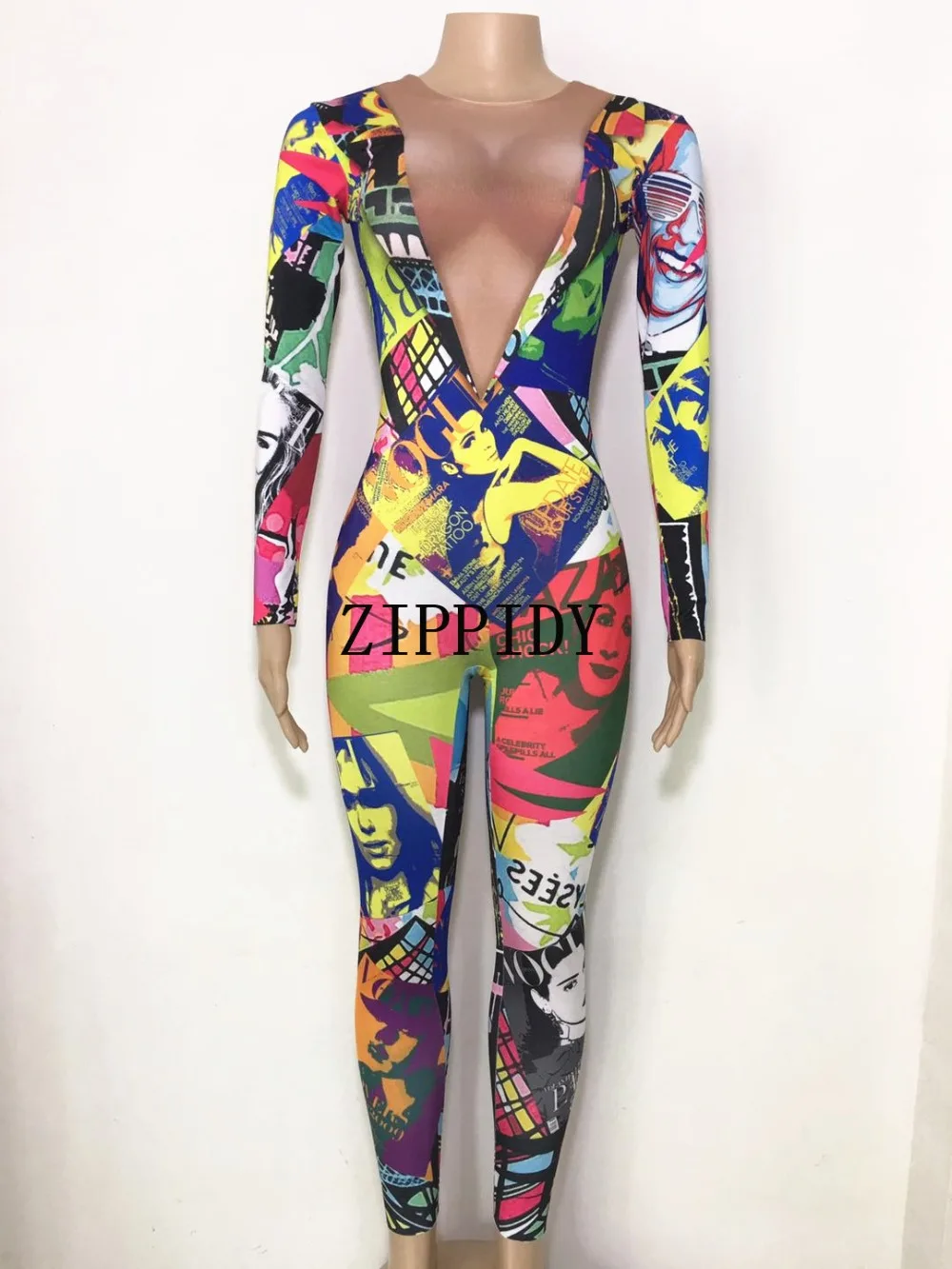New Colorful Pattern Jumpsuit Long Sleeves Stretch Wear Women's Prom Party Bodysuit Female Singer Dance Nightclub Sexy outfit