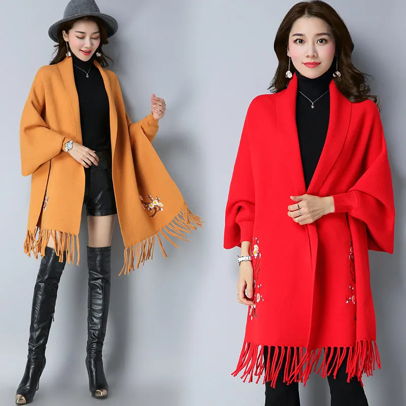 Black Phocho Jumper Long Broderie Tricot Chandail Cardigan Femme Prune Hiver Lâche Tricoté Chaud red 2018 Femmes Casual blue orange Kimono pUzSMV
