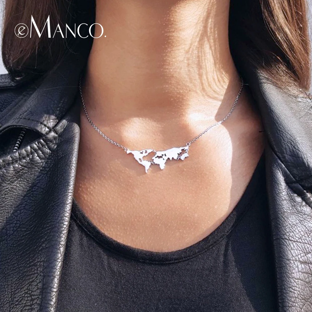 

e-Manco 925 Silver Choker Necklaces for Women Silver Color World Map Statement Pendant Necklace Link Chain Fine Jewelry