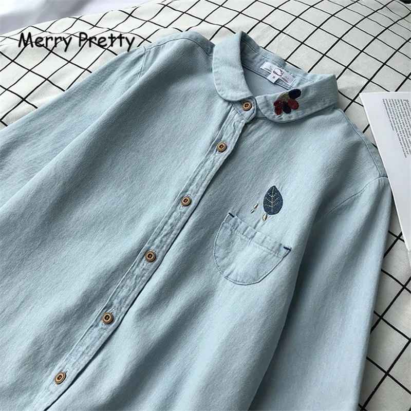Merry Pretty осень новые женские джинсы с вышивкой листьев рубашки длинным рукавом