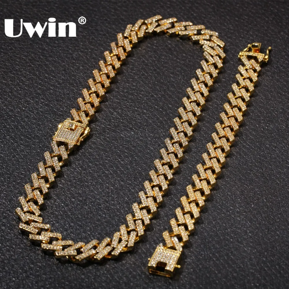 cheap UWIN NE+BA Fashion Jewelry Necklaces amp; Bracelets 15mm Fashion Gold Color Iced Out 2 Row Prong Cuban Link Chains For Men Women