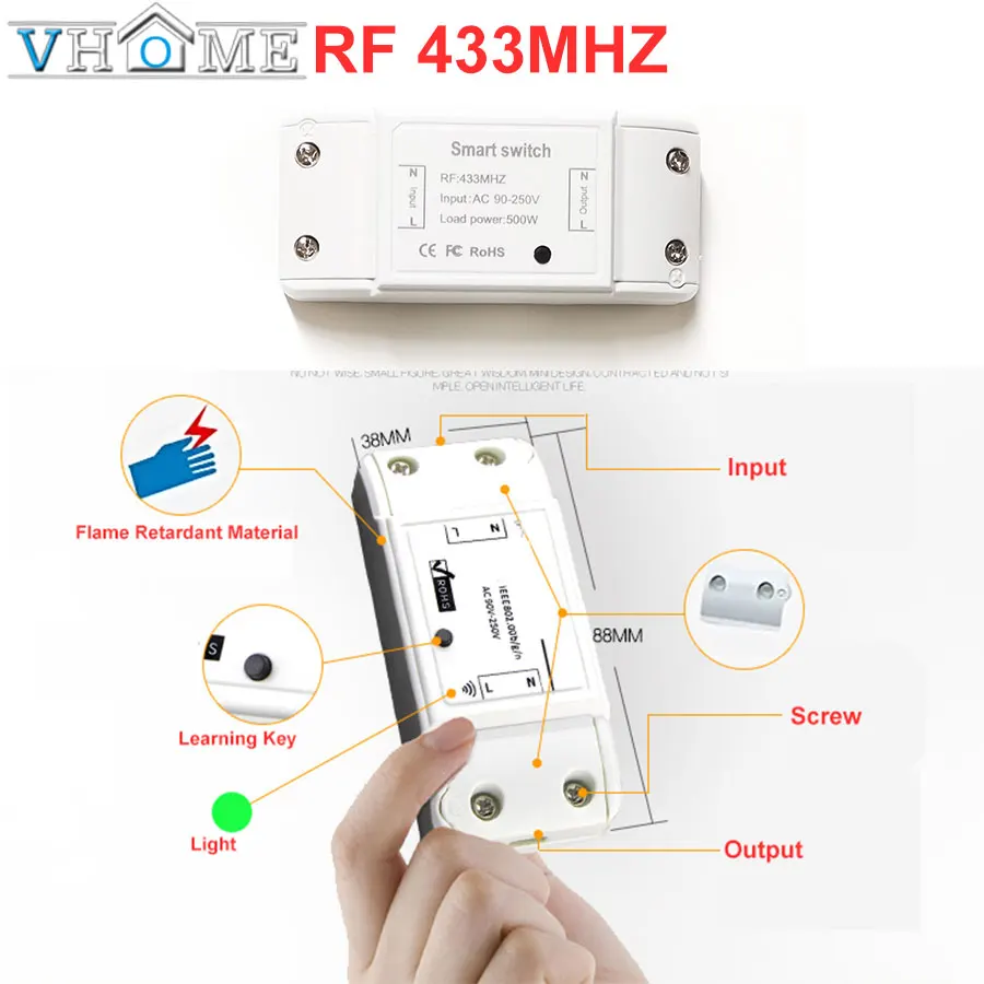  Vhome 433Mhz 86 Wall Panel Wireless Remote Control Switch Transmitter 1 2 3 Sensor RF Receiver For  - 32974989917