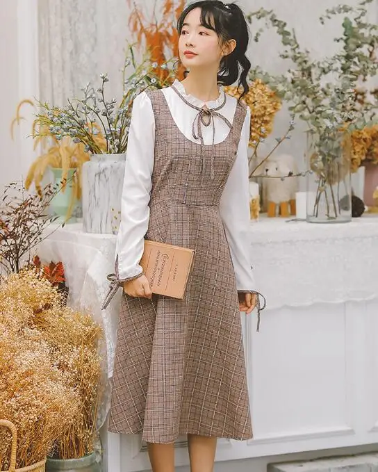 

High Quality 2019 Autumn New Arrival Sweet Stand Collar Plaid Woman Chiffon Long Cotton Dress