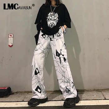 

LMCAVASUN Harajuku Straight Pants Women Hip-hop Dark Black Graffiti Print Loose Casual Large Pocket Korean Pants Unisex Trousers
