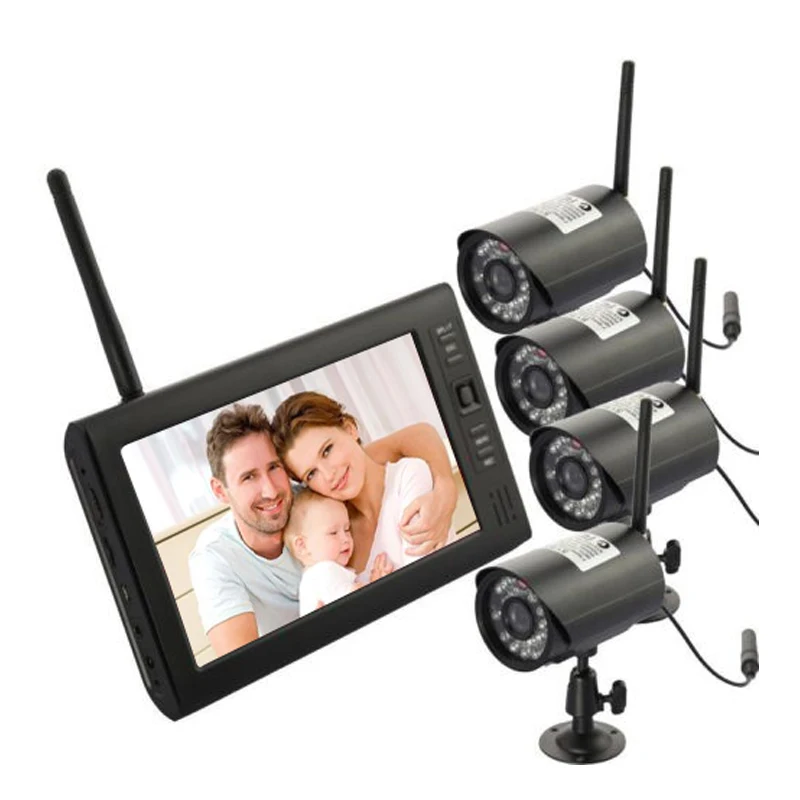 2.4 Ghz sem Fio Baby Monitor Kit Concluir 4ch Digital à Prova d' Água Câmera da Bala e 7 Polegada Tft Lcd Monitor com Quad Exibição 3 sem fio concluindo 4ch câmera bala à