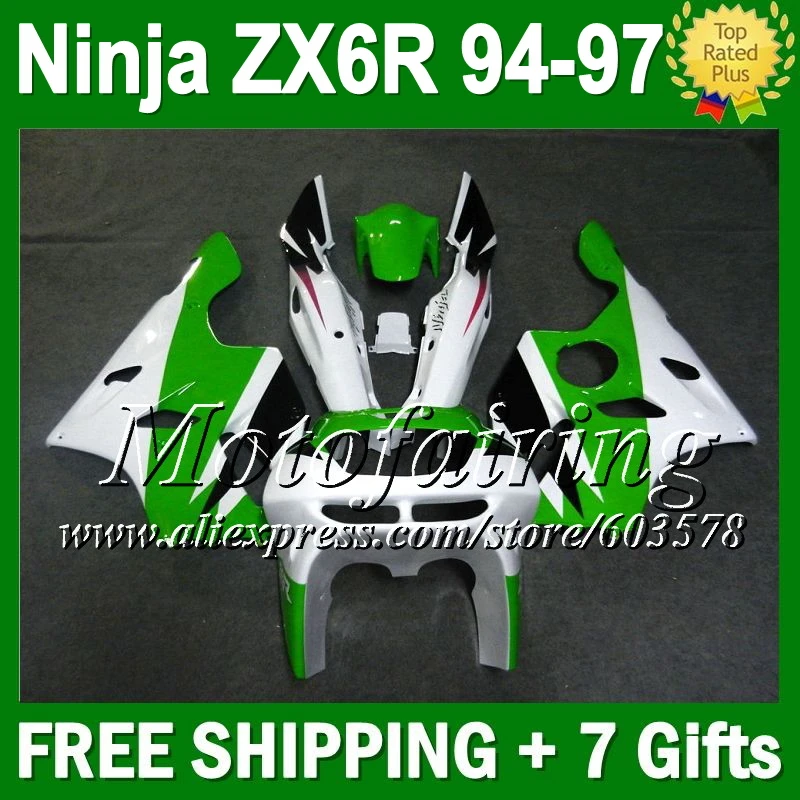 

7gifts For KAWASAKI Green white 94-97 NINJA ZX6R 94 95 96 97 CL55 ZX 6R 636 ZX636 Green white ZX-6R 1994 1995 1996 1997 Fairing