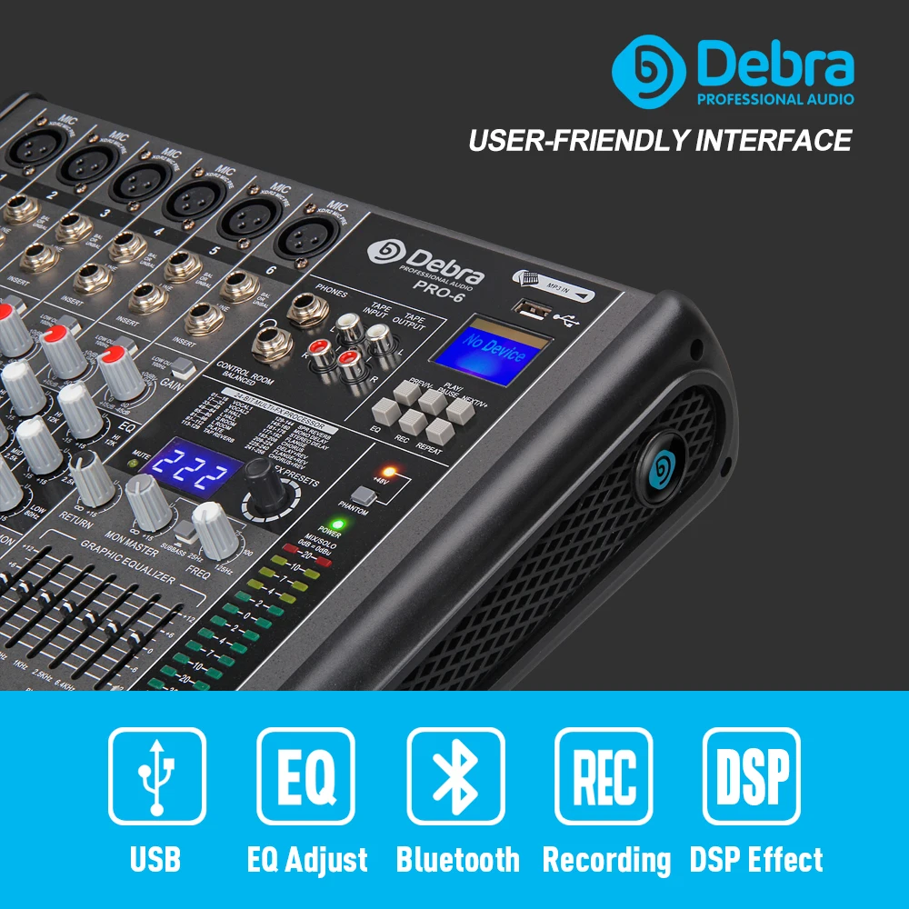 Профессиональный Debra Audio PRO 6 каналов с 256 DSP звуковые эффекты Bluetooth студийный микшер аудио-DJ звуковой контроллер Interf