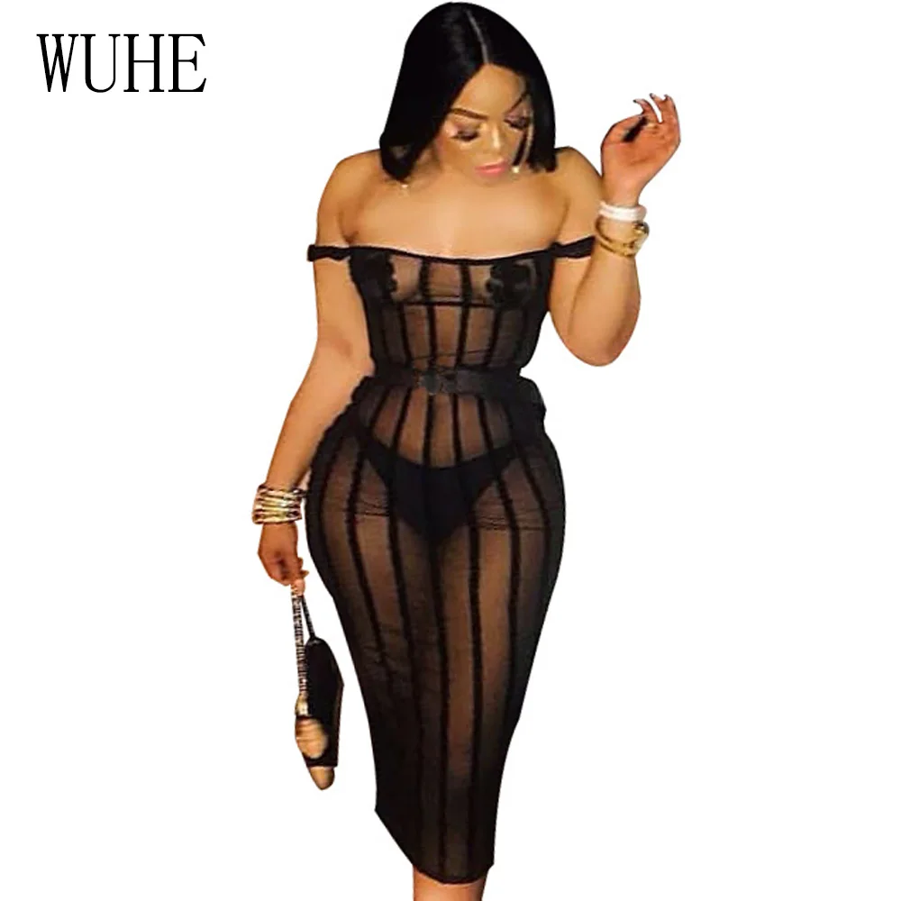 

WUHE Off Shoulder Sheer Mesh Sexy Summer Party Dress Women Strapless Black See Through Backless Bodycon Bandage Club Party Dress