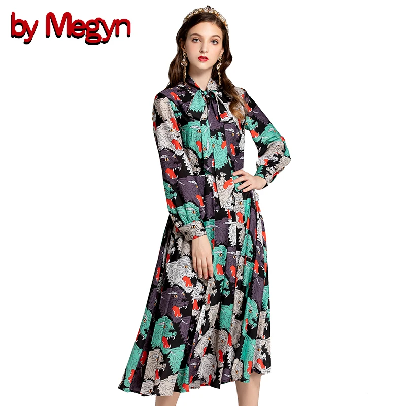 

by Megyn 2019 runway dress designers tiger print long sleeve pleated a-line fashion summer dress bow tie knee length dresses