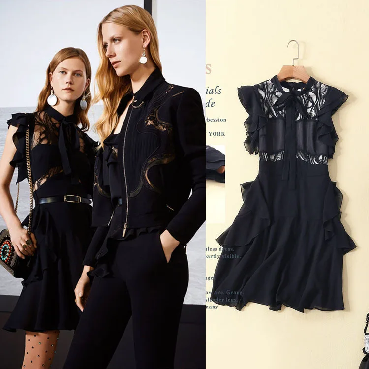 

2019 Summer New Women Dress Elegant Upright Collar Short Sleeve Perspective on The Side of The Ear Waist Black Dress Women