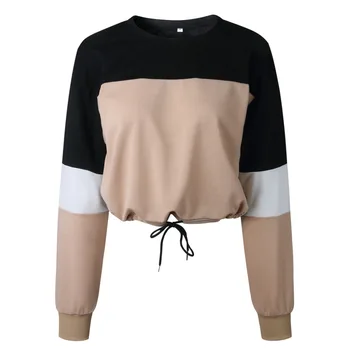 

2019 Best Seller Patchwork Loose Crop Top Women Long Sleeve Khaki Kpop Tumblr Pullover Poleron Mujer