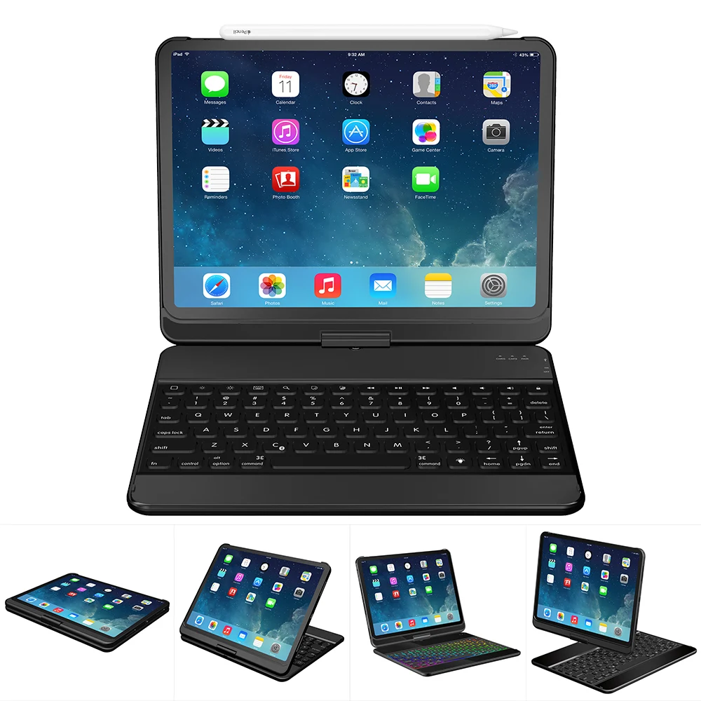 

360 Degree Rotation case for ipad pro 11 inch with Wireless Bluetooth Keyboard Swivel Stand Heavy Duty Shockproof Flip case