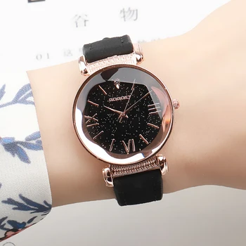 

Exquisite Luxury Women Watches Fashion Dress Ladies Watch Rose gold Starry Sky Dial Leather Strap Quartz Wristwatch Clock Women