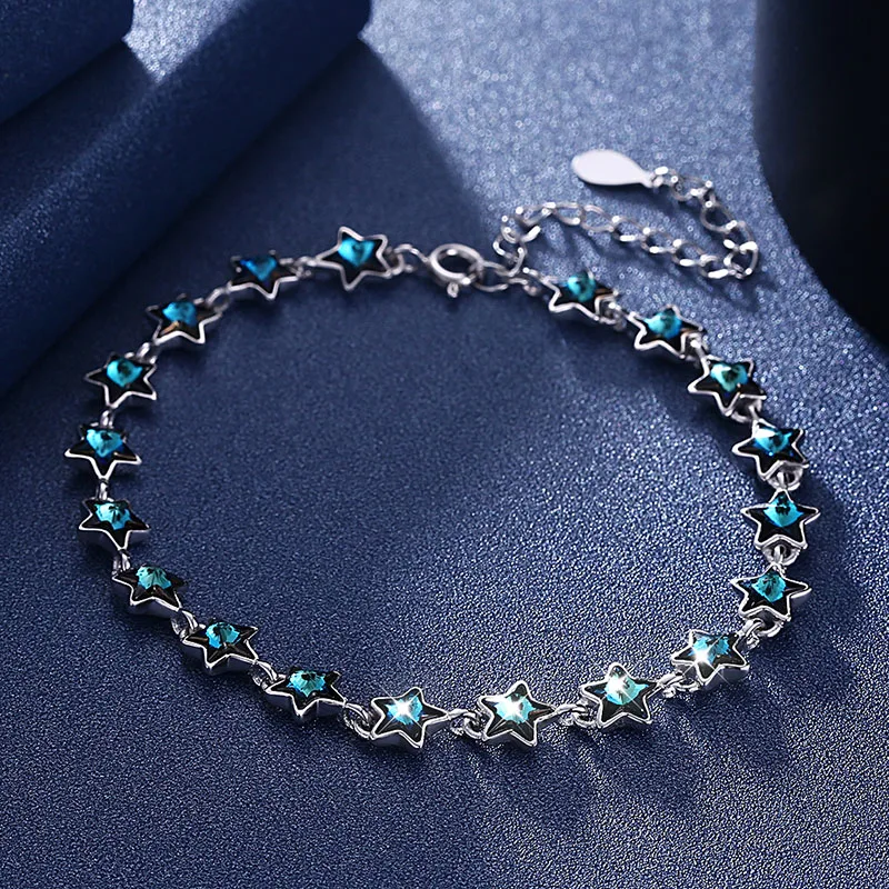 Голубая звезда Crystal от Swarovski браслет 925 пробы Серебряный браслет для Для женщин Одежда высшего качества тонкой Ювелирный Подарок на юбилей