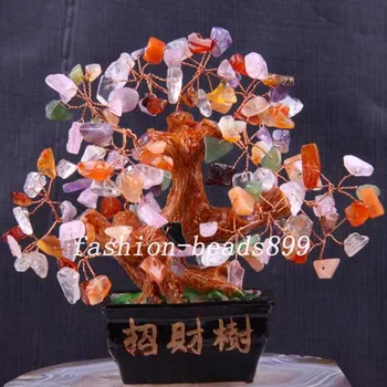 

Free Shipping 158x168x68MM Natural Multi Color Stone Beads Wire Wealth inviting Good Luck Tree 1Pcs N116