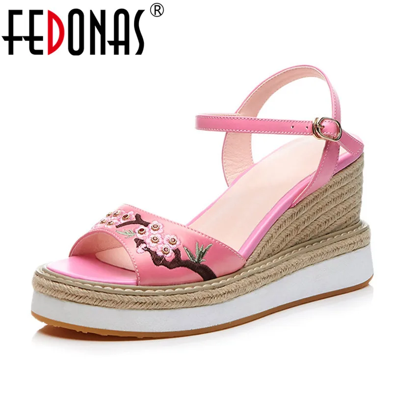 FEDONAS Embroider Women Wedges Heeled Shoes Woman Buckle Strap Sandals Summer Fashion Elegant Women Sandals Wedding Party Shoes