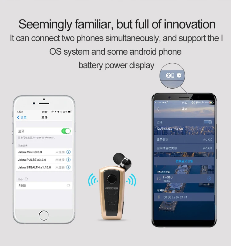 Fineblue F910 Беспроводная Bluetooth V4.0 гарнитура в ухо вибрирующее оповещение носить клип Hands Free наушники для смартфонов