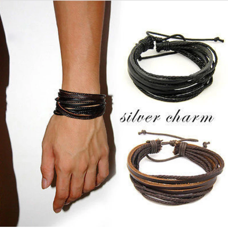2 Sets/lot 100% hand-woven Fashion Jewelry Wrap multilayer Leather Braided Rope Wristband men bracelets & bangles for women