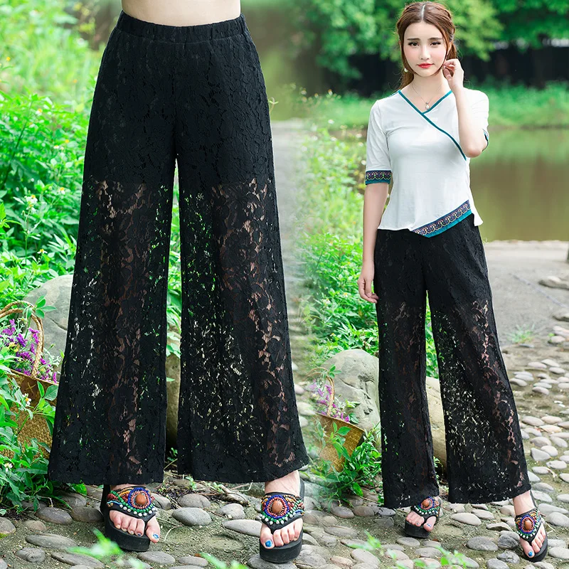 Винтажные кружевные женские летние штаны с высокой талией, кружевные жаккардовые широкие брюки, большие размеры, Свободные повседневные женские брюки WJ425