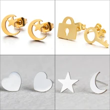 Brincos stud de aço inoxidável, brinco romântico pequeno dourado prateado estrela lua formato de coração