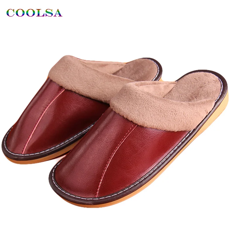 

Coolsa New Winter Women Genuine Leather Slippers Warm Plush Leather Stitching Slides Oxford Flat Home Flip Flop Waterproof Shoes