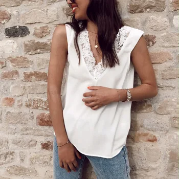 

Sexy Women Summer Deep V Neck Lace Patchwork Chiffon Blouse Office Ladies White Color Backless Sleeveless Elegant Shirt SJ2799U