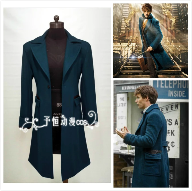 

Fantastic Beasts and Where to Find Them Newt Scamander Blue Trench Cosplay Costume Long Wool Coat Men's Winter Overcoat