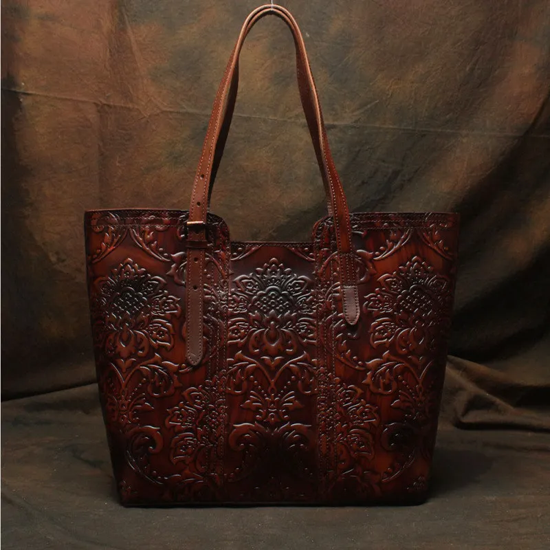 

Nesitu High Quality Flower Pattern Fashion Vintage Brown Coffee Genuine Leather Women Handbag Female Tote Lady Shoulder Bag M113