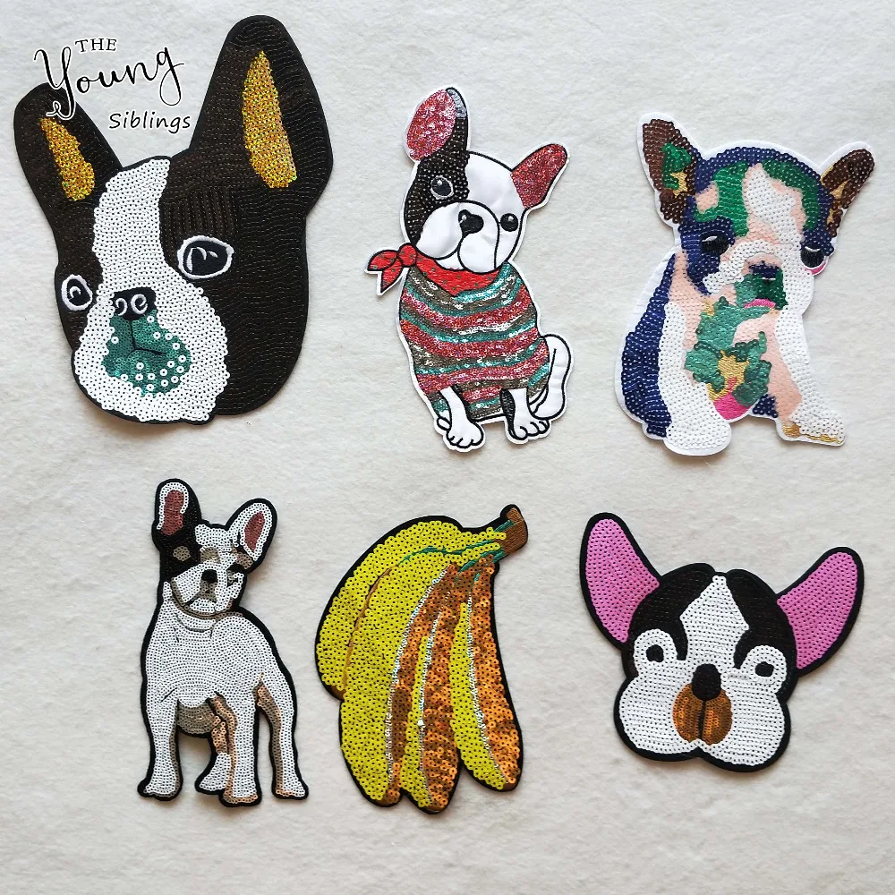 

High quality large size sequin Banana Dog Hot melt adhesive Patches DIY embroidery badge for clothes applications
