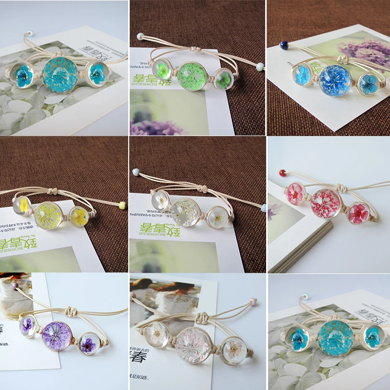 

Fashion Glass Ball Bracelet Weave Lucky Flower Bracelets Handmade Woven Dried Flowers Glass Beads Bracelet Women Jewelry