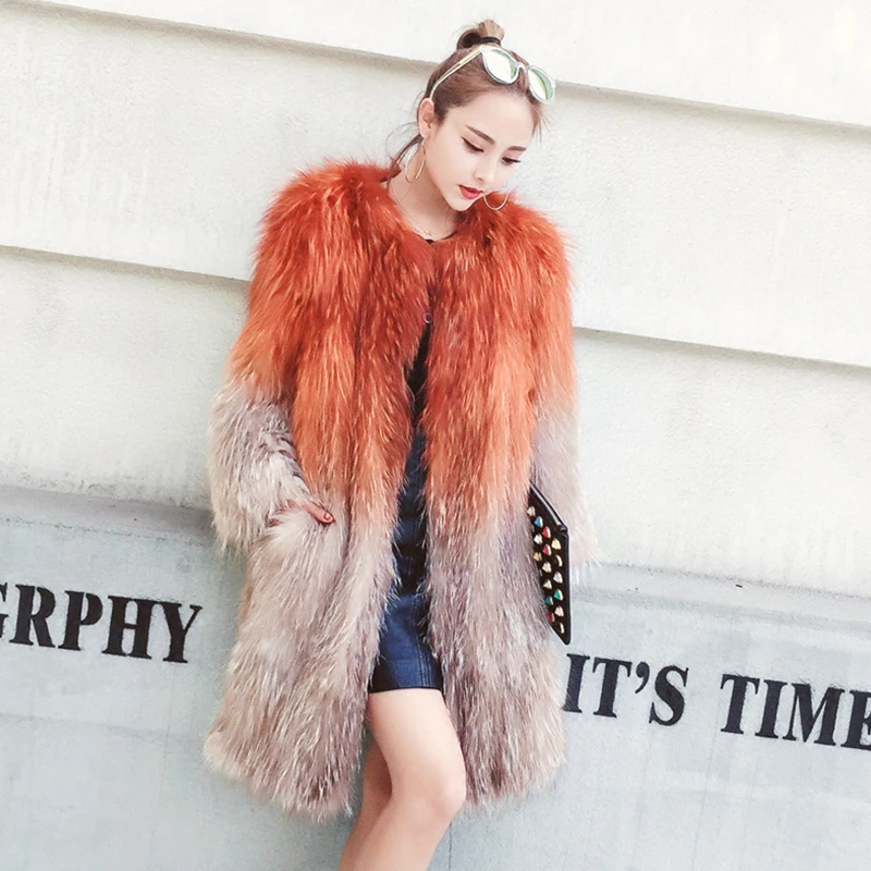 Moyen Rayé Hiver MYFansty 2019 Contraste D'importation Pelt Manteaux Rouge Coloré Pleine Femmes Réel Fourrure cou Corail Couleur O Manteau Chaud Renard De zMVSGpqU