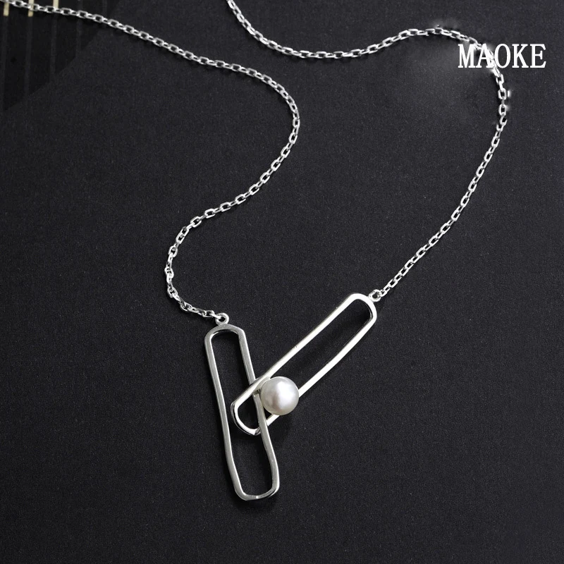 

Promotions Paper Clip Natural Pearl Ring Interlocking Love S925 Sterling Silver Clavicle Chain for Women's Fashion Gifts