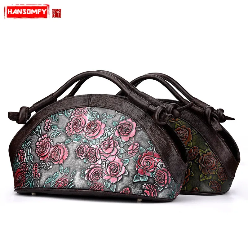 

BJYL Fashion new genuine leather Women handbags retro flowers shoulder slung handmade rub color craft messenger bags