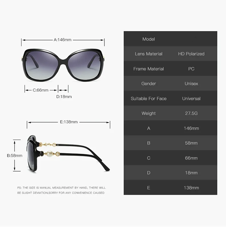 Новые женские поляризованные солнцезащитные очки, большие очки UV400, модные жемчужные солнцезащитные очки с коробкой