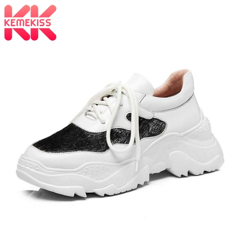 

KemeKiss Women Wedges Sneakers 2019 Real Leather Lace Up Outdoor Casual Jogging Fashion Horse Hair Designer Shoes Size 34-39