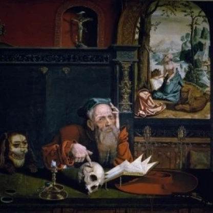 Saint Jerome in Meditation by Quinten Metsys I   (Circa 1465-1530)   Private Collection Poster Print (18 x 24)