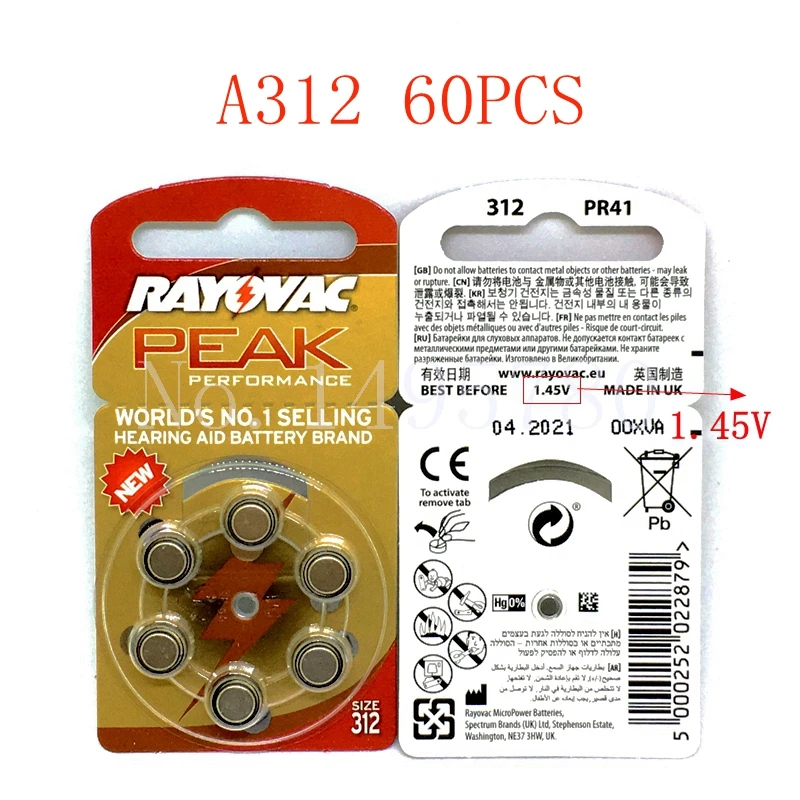 60 PCS NEW Zinc Air 1.45V Rayovac Peak Hearing Aid Batteries A312 312A