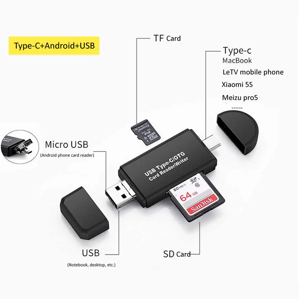 Electop type C Micro USB 3 в 1 OTG кард-ридер высокоскоростной USB2.0 Универсальный OTG TF/SD для Android компьютера удлинители