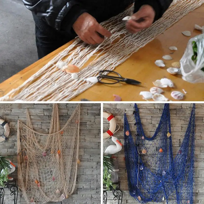 Parte da Cena da Praia Rede de Pesca Redes de Pesca Fio de Algodão 1 2 m Estilo Mediterrâneo Decorativa Artesanal Azul Bar Decoração Decoração 11 redes fio de algodão barra azul pesca