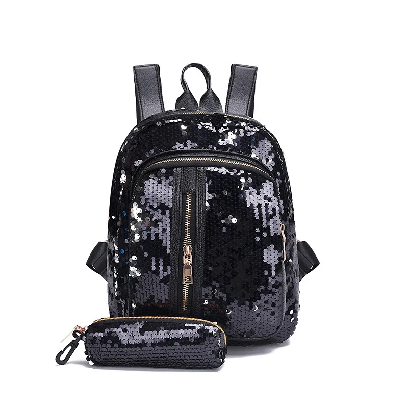 В Корейском стиле, модное платье из 2 шт./компл. рюкзаки для девочек-подростков, с блестками, школьная сумка для путешествий с сцепления кошелек mochila - Цвет: Black