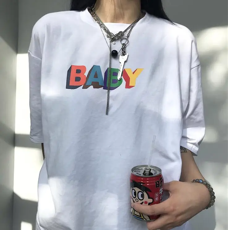 

Harajuku funny Rainbow Color Letter Print Loose Short Sleeve T-Shirt
