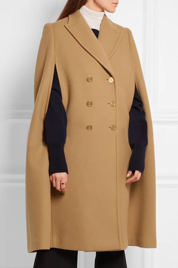 ZADORIN/Винтажные женские пальто и куртки; зимнее шерстяное пальто; однотонное двубортное элегантное пальто-накидка с лацканами; плащ; Верхняя одежда; Camel