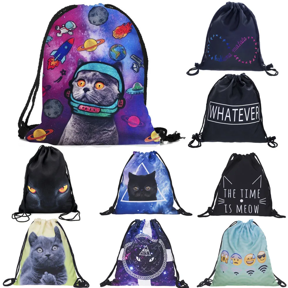 Fashion 3d Drawstring Printing cat women men Unisex Backpacks Bags shoes pouch pocket outdoor sports bag worek plecak sznurek er