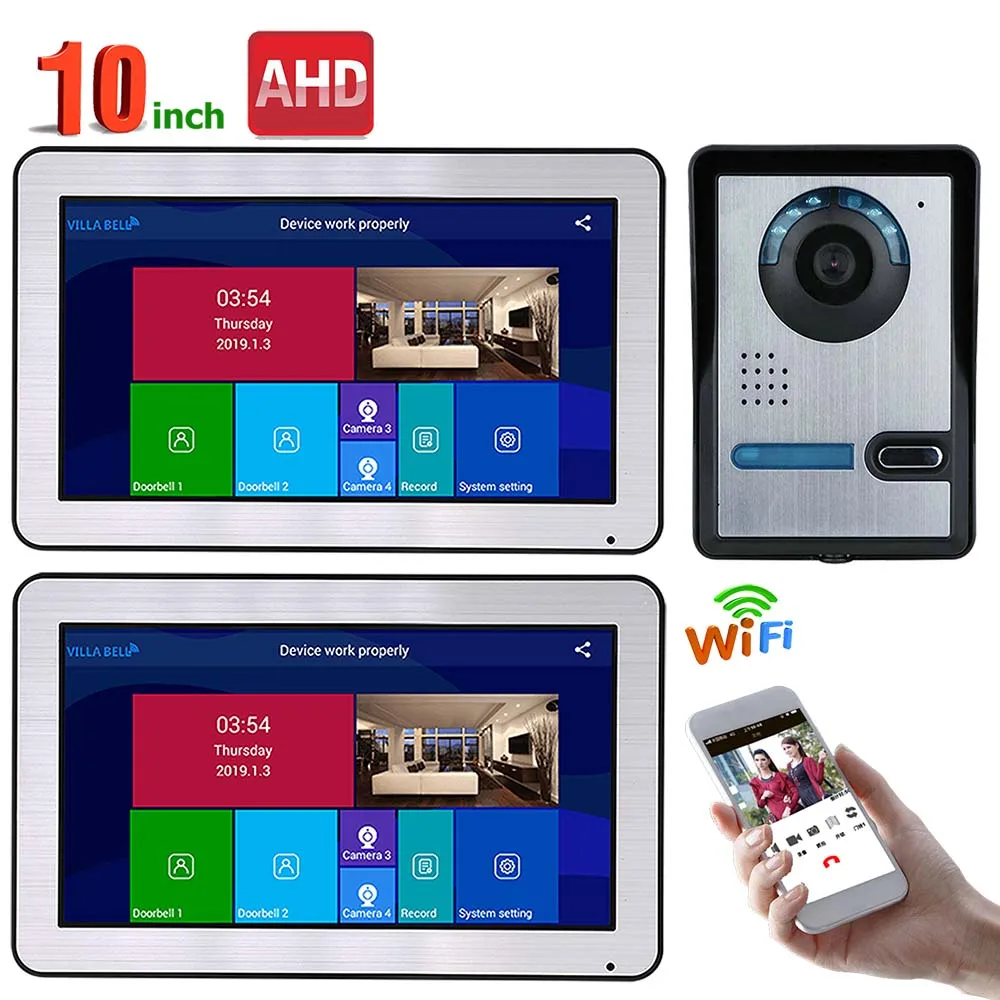 Best 10 inch 2 Monitors Wired Wifi Video Door Phone Doorbell Intercom Entry System with AHD 720P Wired IR CUT Camera Night Vision