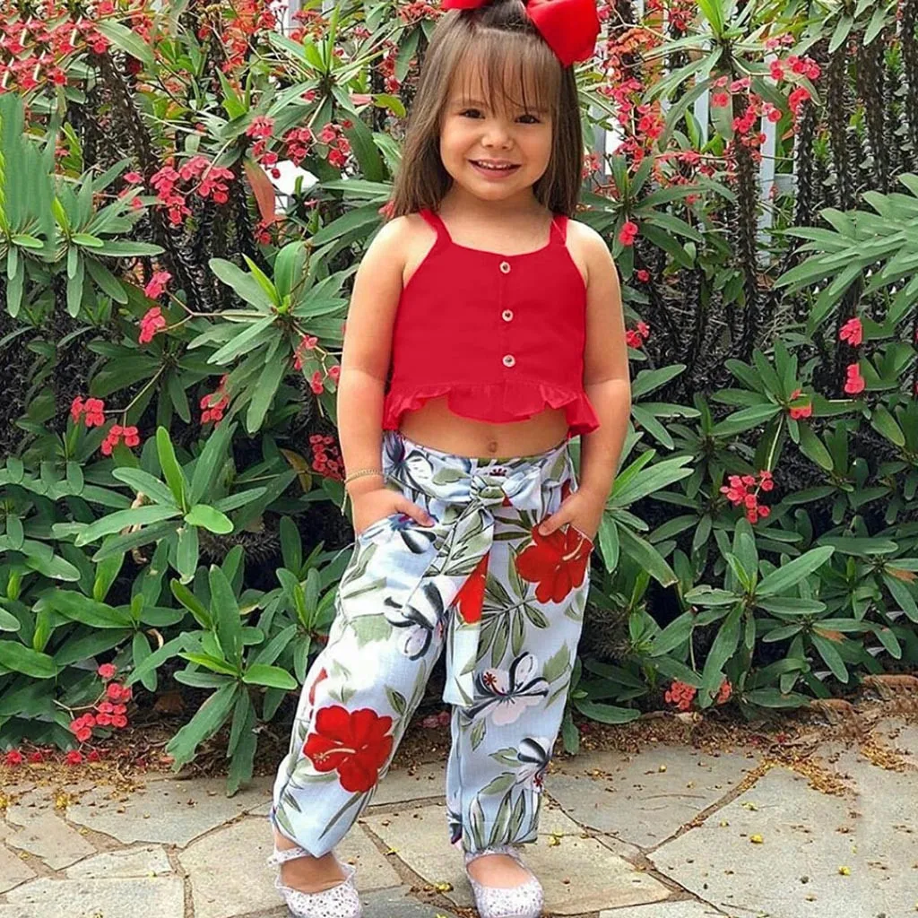 

2Pcs Newest Kid Baby Girls Summer Clothes Solid Color Ruffles T-shirt Tops High Waist Floral Outfits Dress Stylish Outfit Set