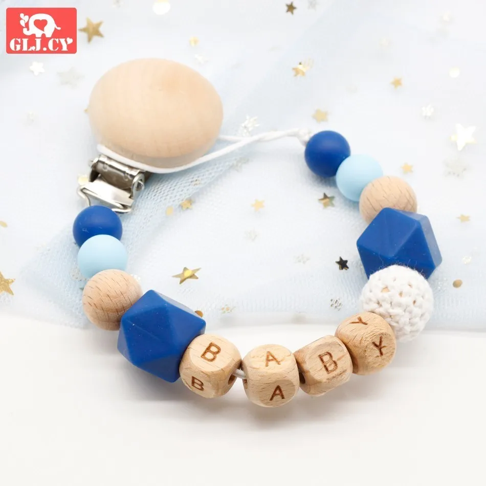 Dummy clip pacifier chain holder wood silicone bpa free baby newborn gift custom personalized name personalised beads beech