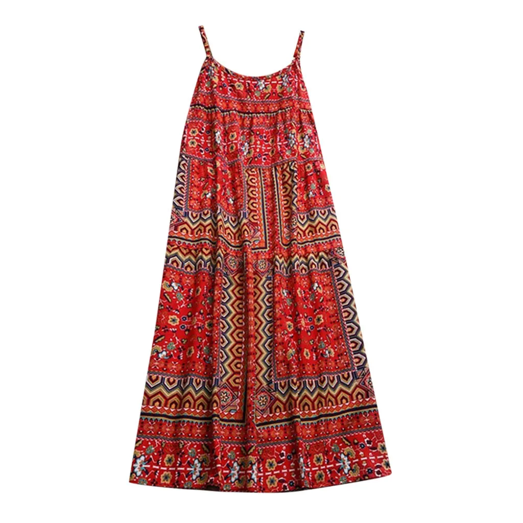 

Woman Floral Printing Fashion Long Dress Summer Sleeveless O-Neck Dresses Casual Loose Simple Beach Party Maxi Dress #P5
