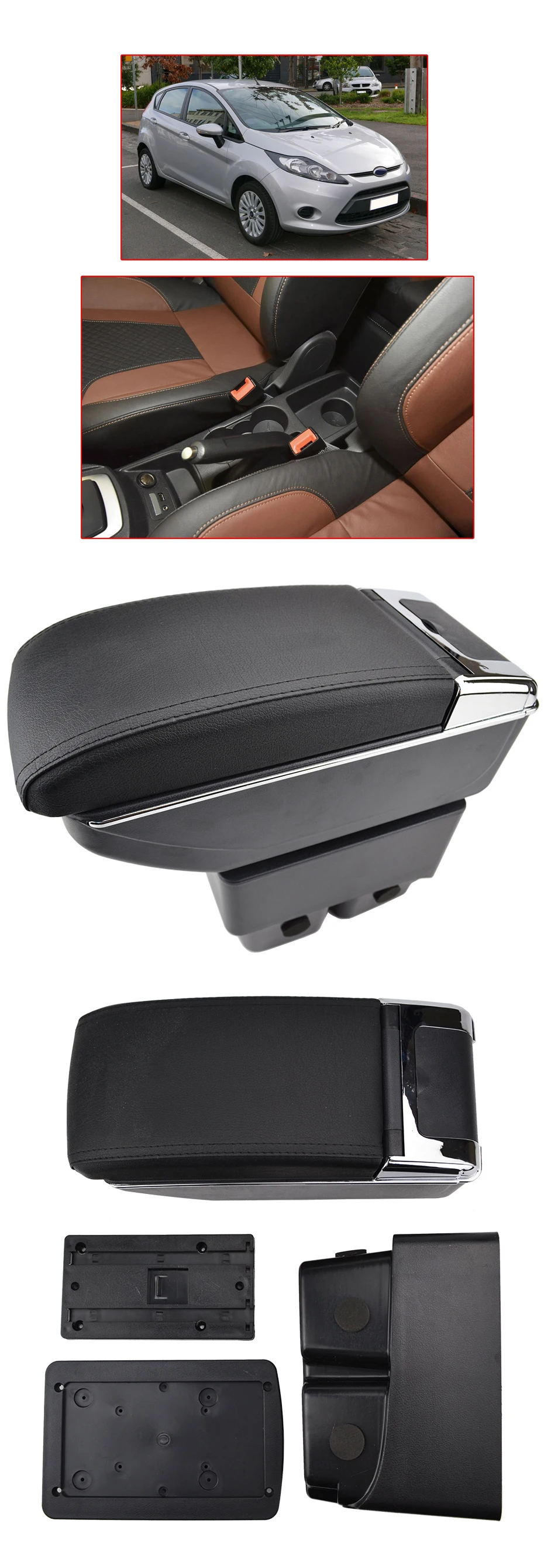 Центральной консоли коробка для хранения кожаный двойной Слои подлокотник Подлокотник для форд фиеста 2009- 2010 2011 2012 2013