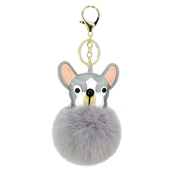

100 PCS/Lot French Bulldog Keychain Fluffy Rabbit Ball Pompom Key Chain Pu Leather Animal Dog Keyring Holder Bag Charm Trinket